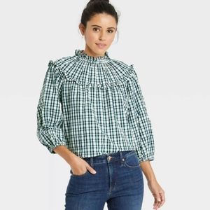 Universal Thread White & Teal Plaid Mock Neck Cottagecore Peasant Blouse